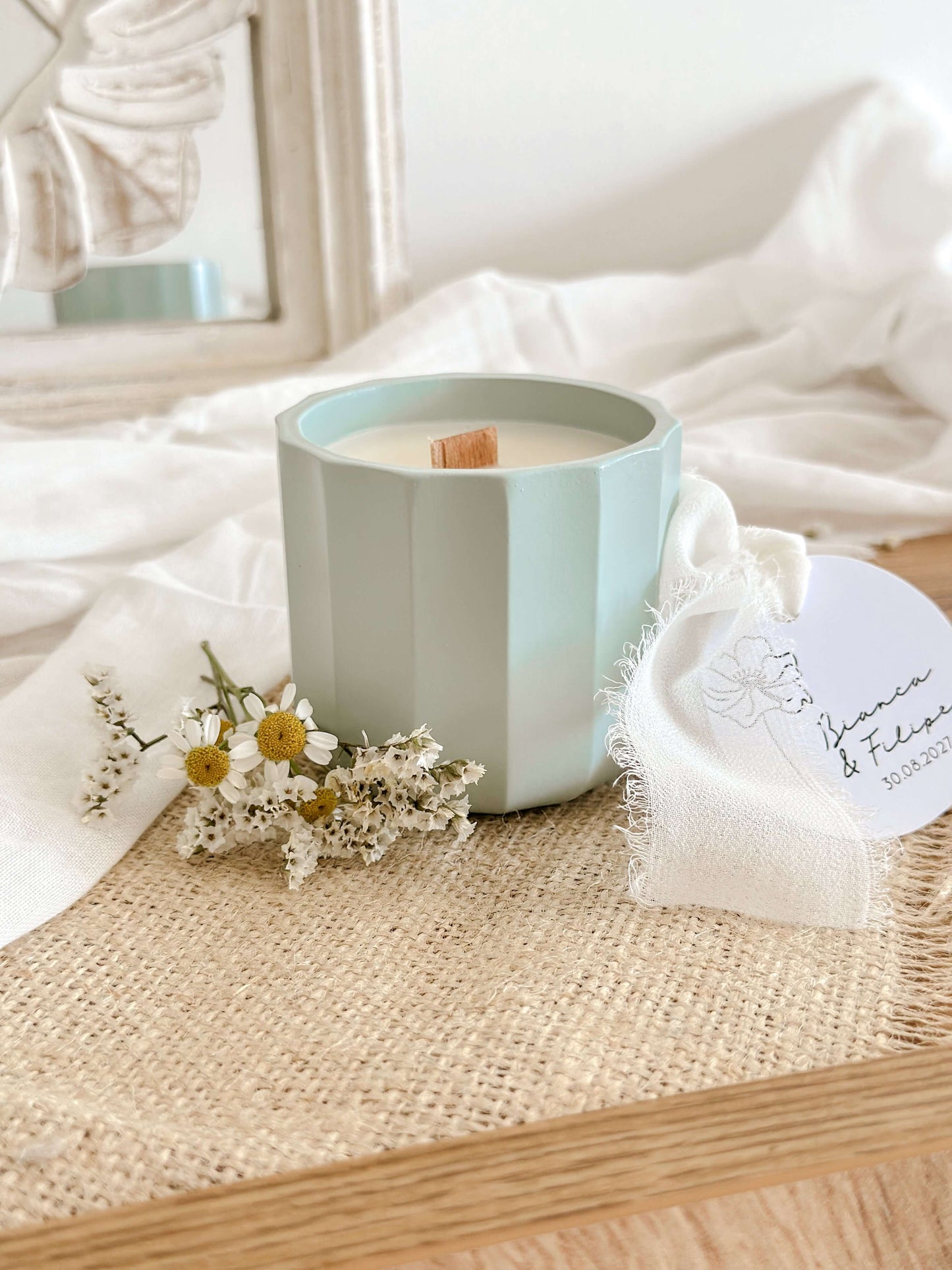 Vela Personalizada para Lembrança de Casamento, Batizado e Eventos | Copo de Cerâmica Azul Acinzentado | A partir de 7,43€