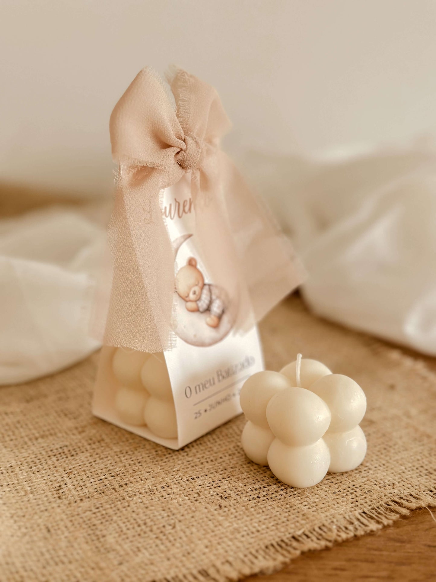 Vela Mini Bubble | Embalagem Cartolina Bege | Lembrança de Batizado ou Baby Shower | A partir de 3,38€