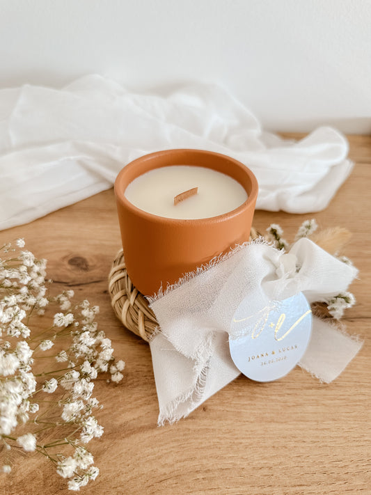 Vela Personalizada para Lembrança de Casamento, Batizado e Eventos | Copo de Cerâmica Terracota | A partir de 7,43€