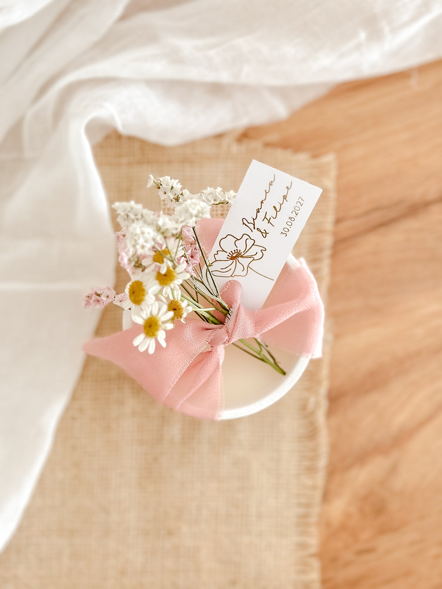 Customized Candle for Wedding, Baptism, and Events | White Ceramic Cup with Pink Ribbon | Starting from 7.43€
