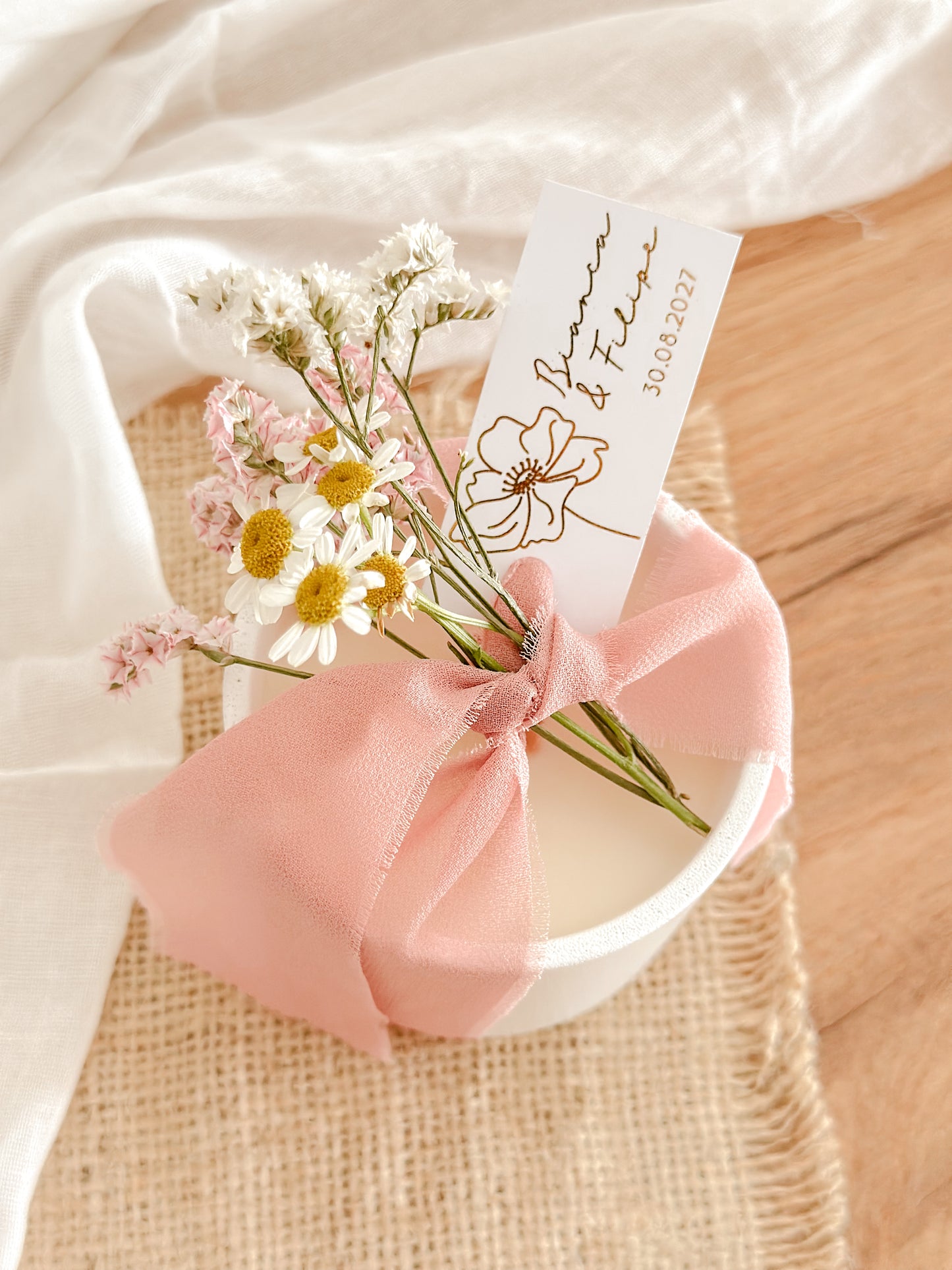 Customized Candle for Wedding, Baptism, and Events | White Ceramic Cup with Pink Ribbon | Starting from 7.43€