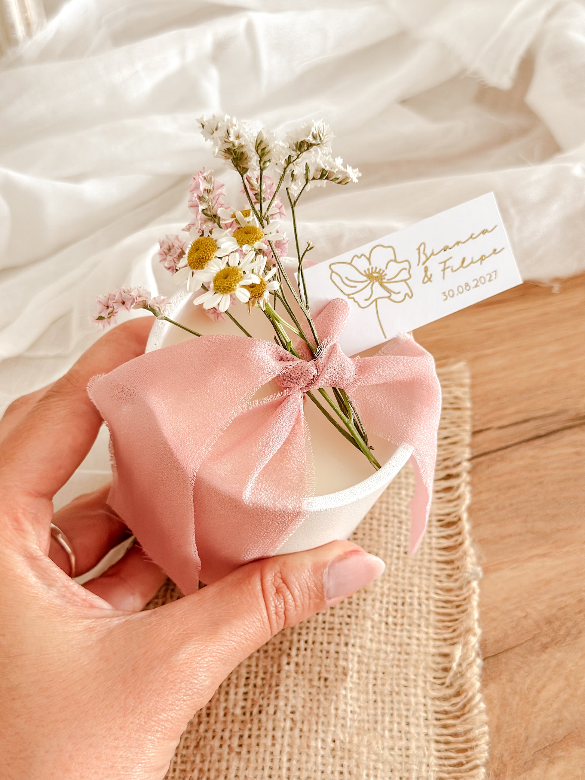 Vela Personalizada para Lembrança de Casamento, Batizado e Eventos | Copo de Cerâmica Branco