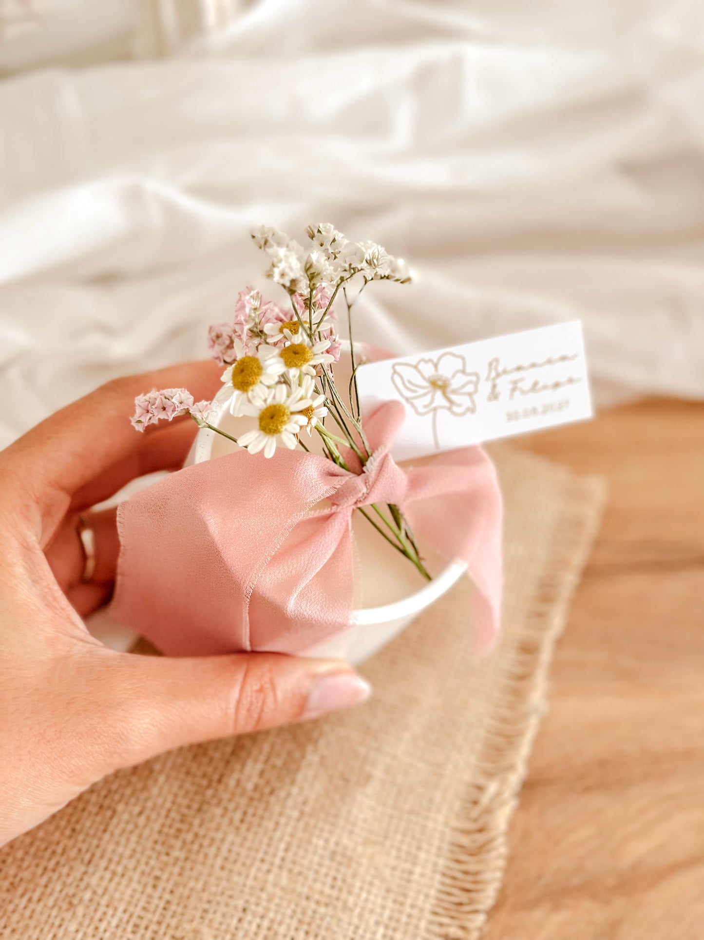 Customized Candle for Wedding, Baptism, and Events | White Ceramic Cup with Pink Ribbon | Starting from 7.43€