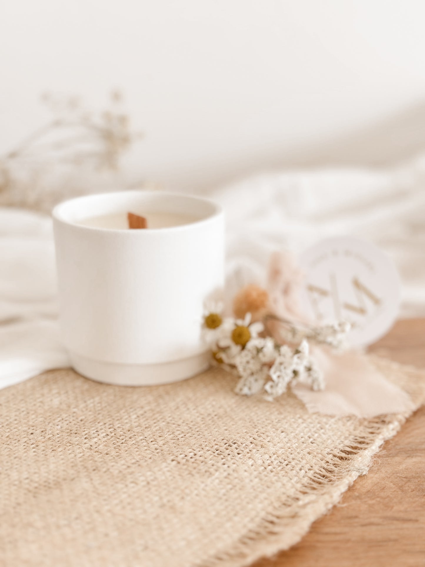 Customized Candle for Wedding, Baptism, and Events | White Ceramic Cup Beige Ribbon | Starting from 7.43€