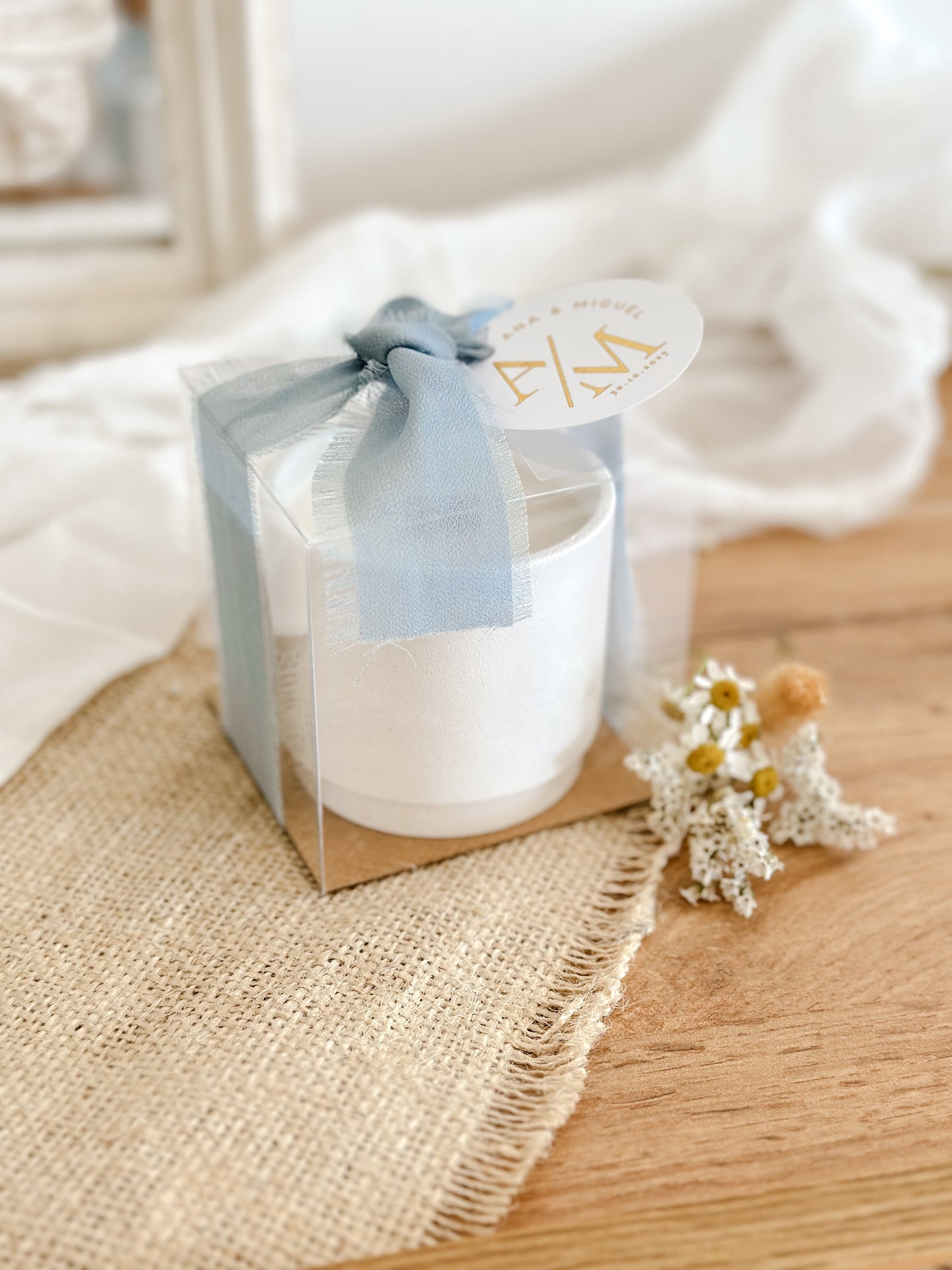 Customized Candle for Wedding, Baptism, and Events | White Ceramic Cup Blue Ribbon | Starting from 7.43€