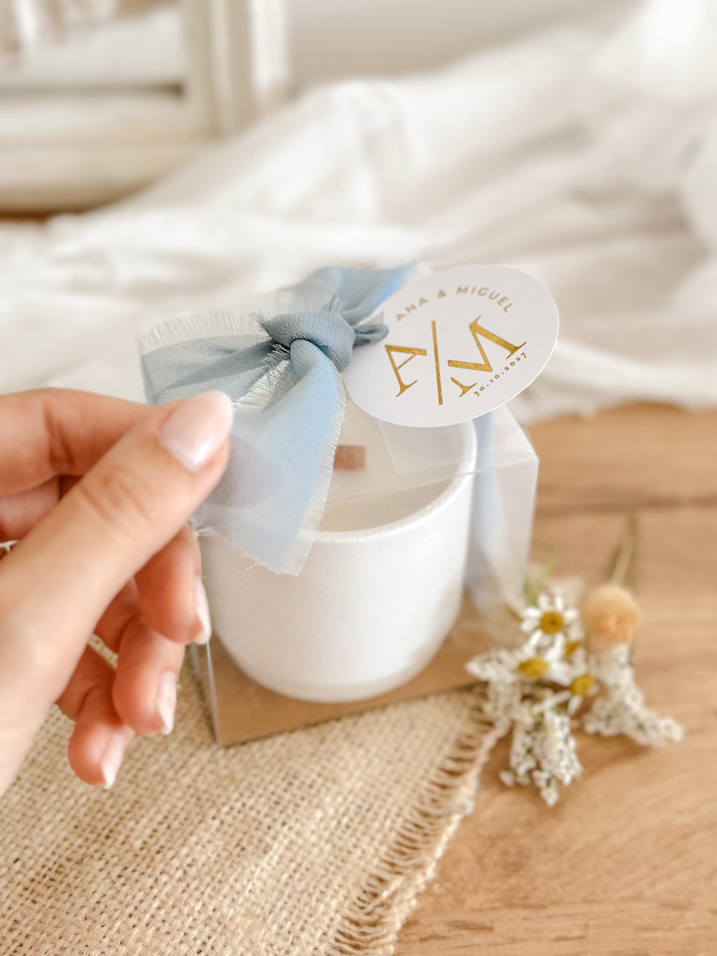 Customized Candle for Wedding, Baptism, and Events | White Ceramic Cup Blue Ribbon | Starting from 7.43€