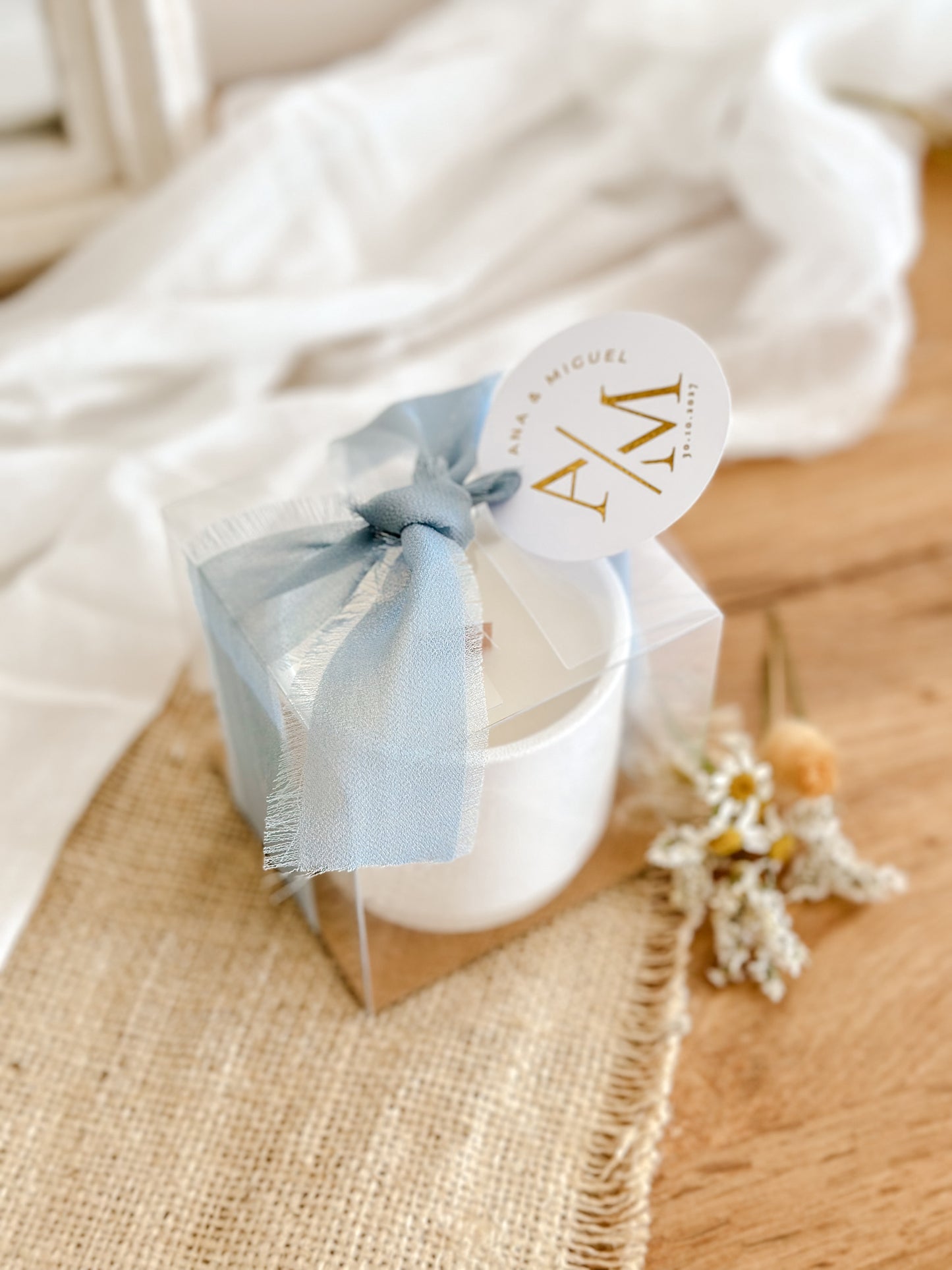 Customized Candle for Wedding, Baptism, and Events | White Ceramic Cup Blue Ribbon | Starting from 7.43€