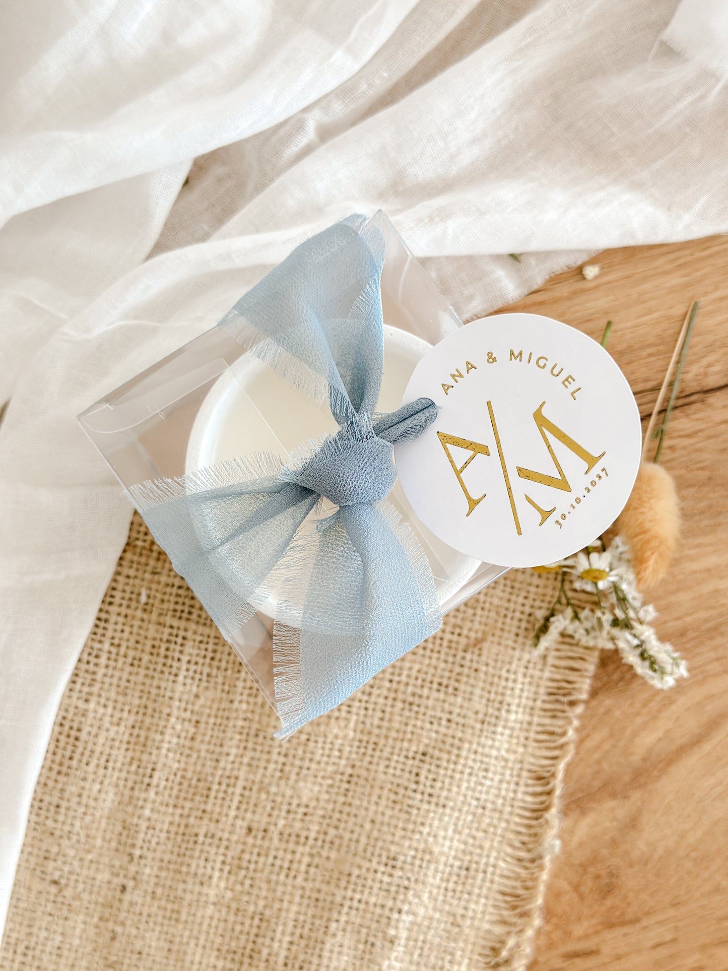 Customized Candle for Wedding, Baptism, and Events | White Ceramic Cup Blue Ribbon | Starting from 7.43€
