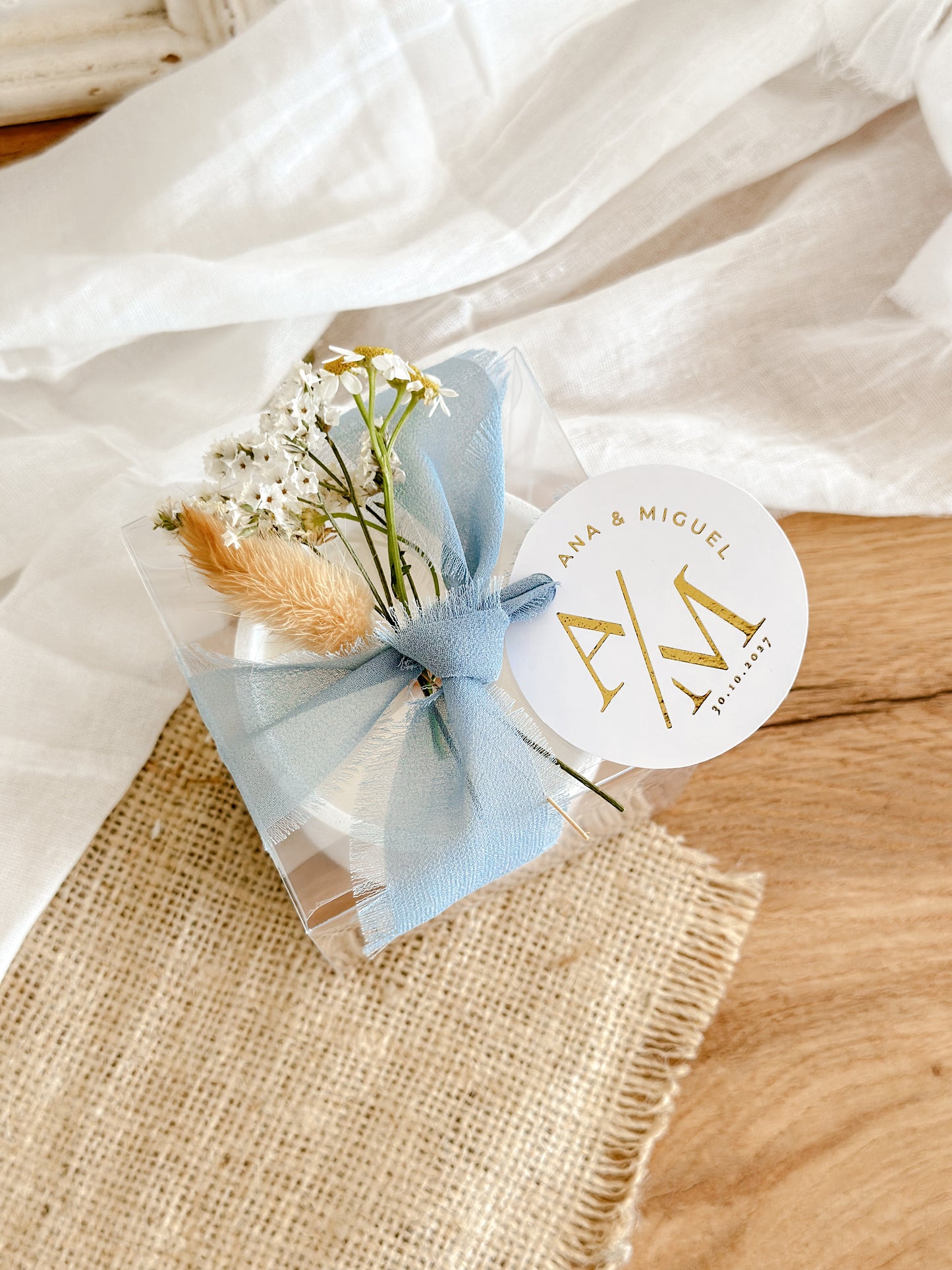 Customized Candle for Wedding, Baptism, and Events | White Ceramic Cup Blue Ribbon | Starting from 7.43€