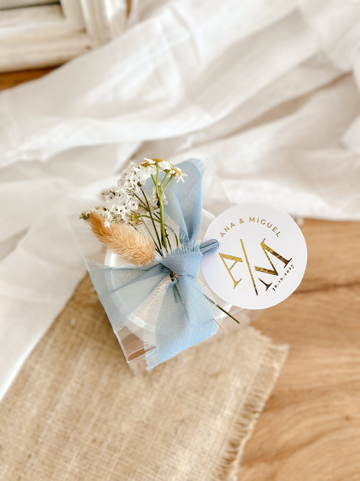 Customized Candle for Wedding, Baptism, and Events | White Ceramic Cup Blue Ribbon | Starting from 7.43€