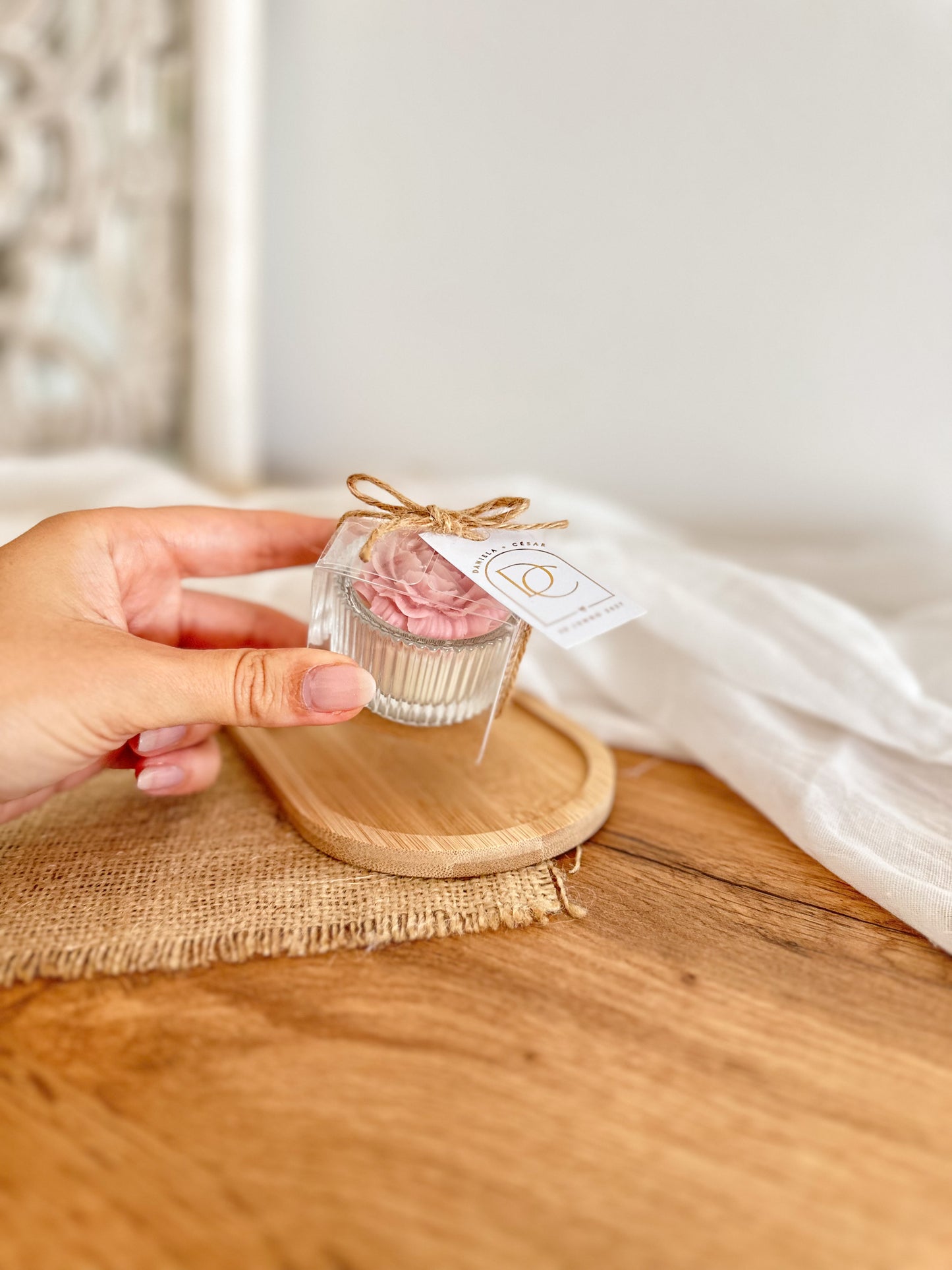 Mini Vela Suporte de Vidro | Peónia | Lembrança de Casamento, Batizado e Eventos | A partir de 2,62€